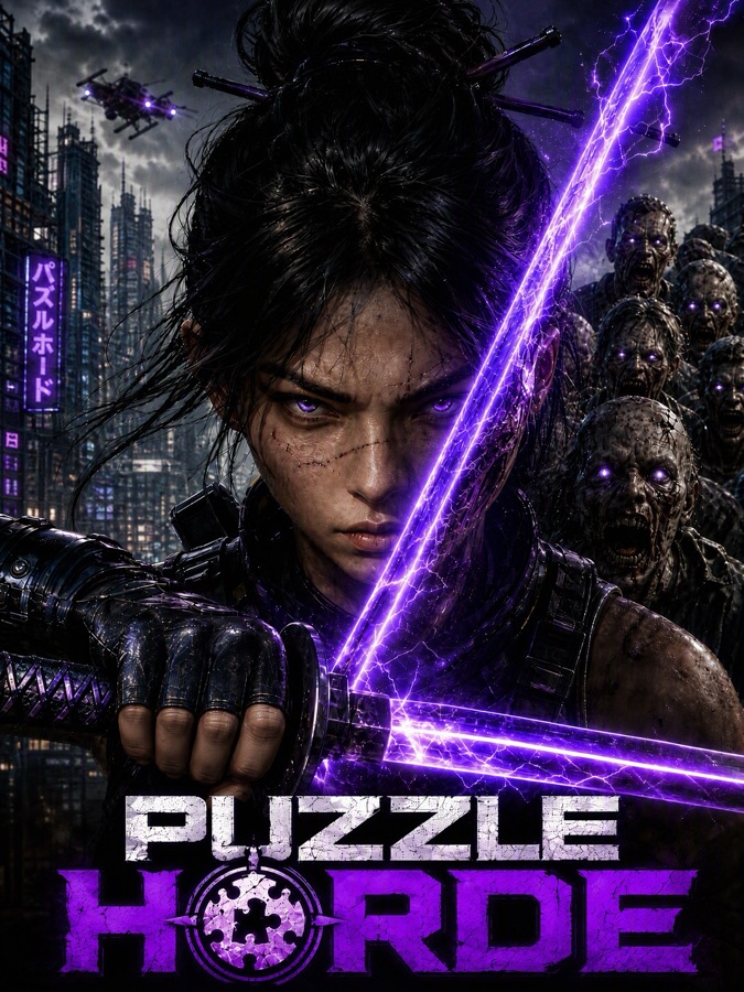 Puzzle Horde key art: a sword-wielding survivor in front of a zombie horde in a ruined neon city